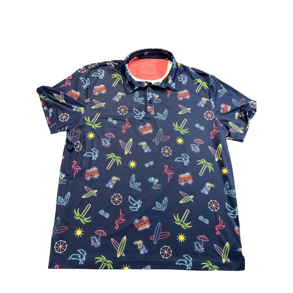 Birdie Bound Neon Tropical Polo Shirt Size XL Dark Blue Golf Summer